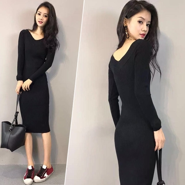 Κυρίες μύδια σέξι φόρεμα με V Ve λαιμό και μακριά μανίκια σε μαύρο και βερίκοκου χρώμα, το μήκος ακριβώς κάτω από το γόνατο