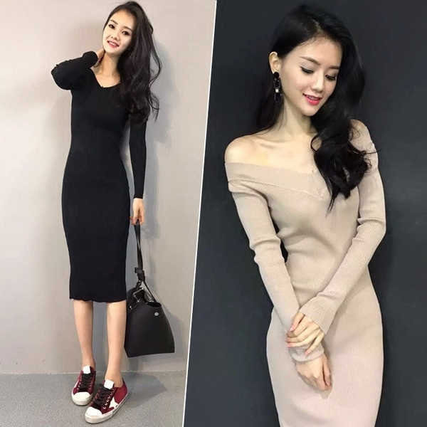 Κυρίες μύδια σέξι φόρεμα με V Ve λαιμό και μακριά μανίκια σε μαύρο και βερίκοκου χρώμα, το μήκος ακριβώς κάτω από το γόνατο