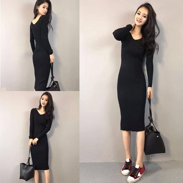 Κυρίες μύδια σέξι φόρεμα με V Ve λαιμό και μακριά μανίκια σε μαύρο και βερίκοκου χρώμα, το μήκος ακριβώς κάτω από το γόνατο