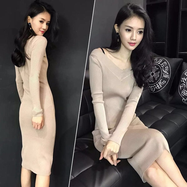 Κυρίες μύδια σέξι φόρεμα με V Ve λαιμό και μακριά μανίκια σε μαύρο και βερίκοκου χρώμα, το μήκος ακριβώς κάτω από το γόνατο