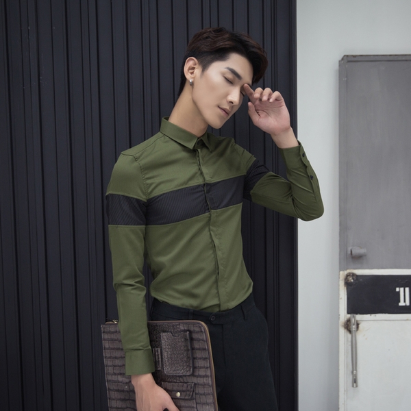 Елегантна мъжка риза с дълъг ръкав в зелен и сив цвят тип Слим