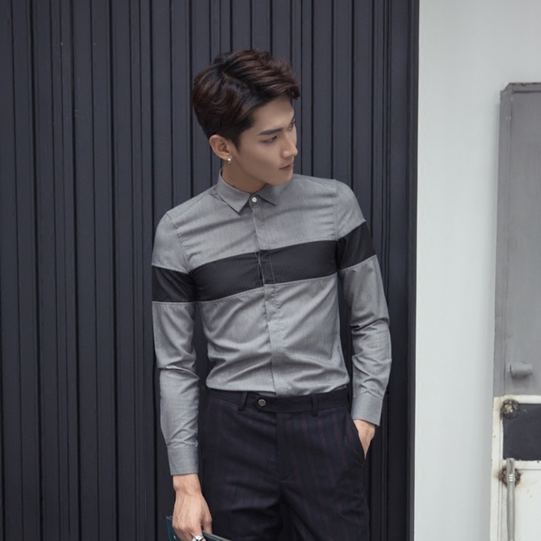 Елегантна мъжка риза с дълъг ръкав в зелен и сив цвят тип Слим