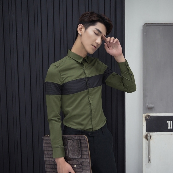 Елегантна мъжка риза с дълъг ръкав в зелен и сив цвят тип Слим