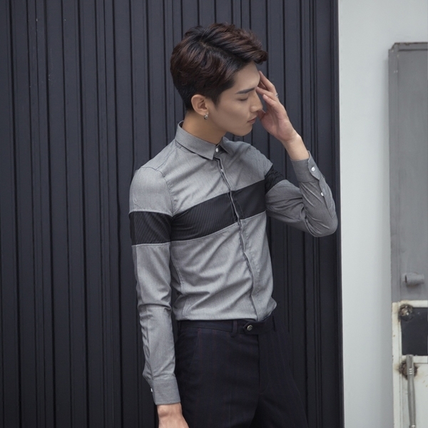 Елегантна мъжка риза с дълъг ръкав в зелен и сив цвят тип Слим