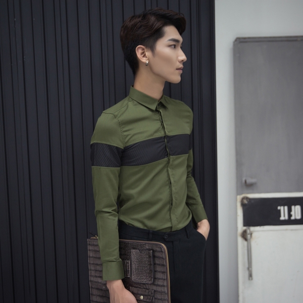 Елегантна мъжка риза с дълъг ръкав в зелен и сив цвят тип Слим