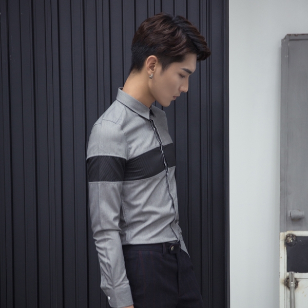 Елегантна мъжка риза с дълъг ръкав в зелен и сив цвят тип Слим