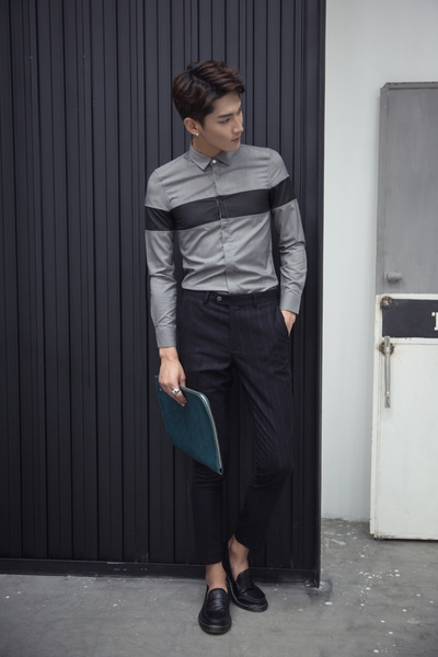 Елегантна мъжка риза с дълъг ръкав в зелен и сив цвят тип Слим