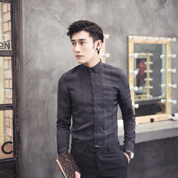 Επίσημο ανδρικό πουκάμισο  σε γκρι, σκούρο γκρι - Slim μοντέλο