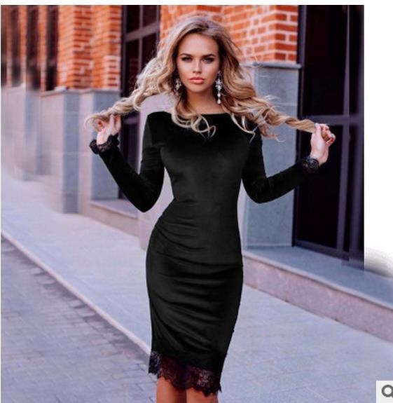 Дамска модерна рокля пролет лято 2017 три модела с дълги ръкави и елементи от дантела черна, червена синя