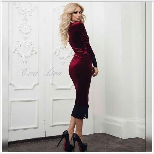 Дамска модерна рокля пролет лято 2017 три модела с дълги ръкави и елементи от дантела черна, червена синя