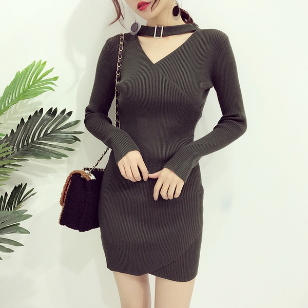 Οι γυναίκες άνοιξη-φθινόπωρο φόρεμα με μακριά μανίκια και V λαιμόκοψη