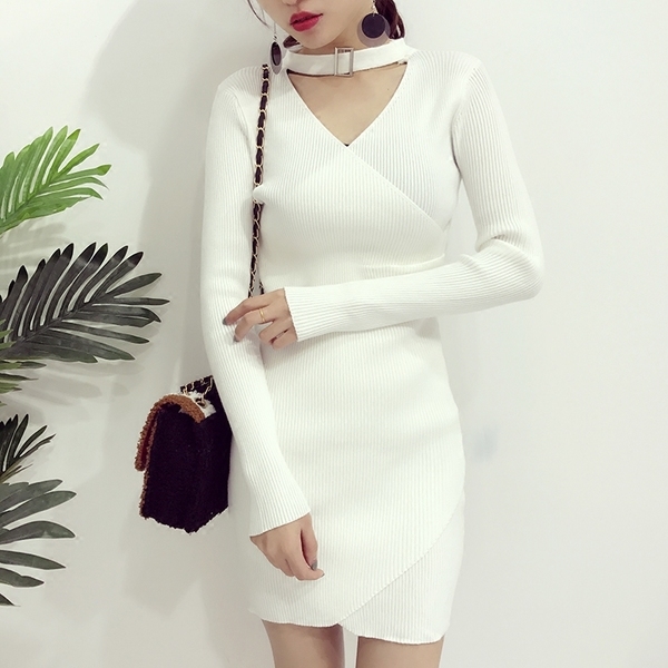 Οι γυναίκες άνοιξη-φθινόπωρο φόρεμα με μακριά μανίκια και V λαιμόκοψη