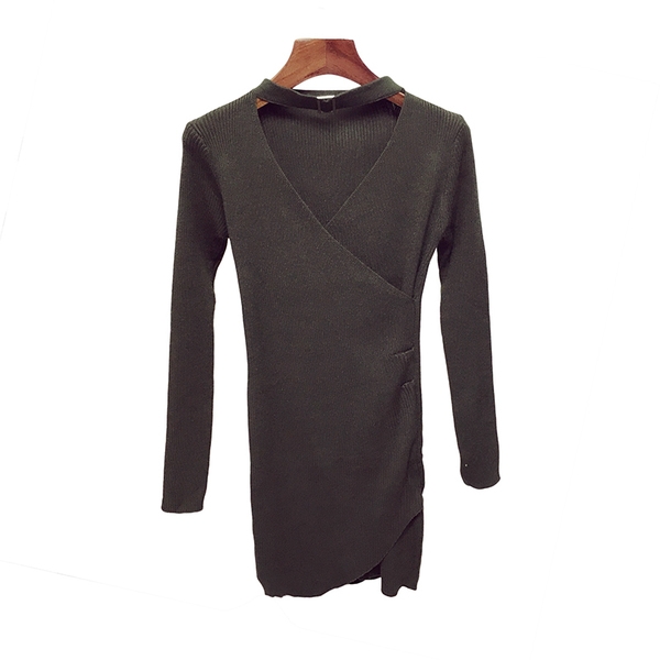 Οι γυναίκες άνοιξη-φθινόπωρο φόρεμα με μακριά μανίκια και V λαιμόκοψη