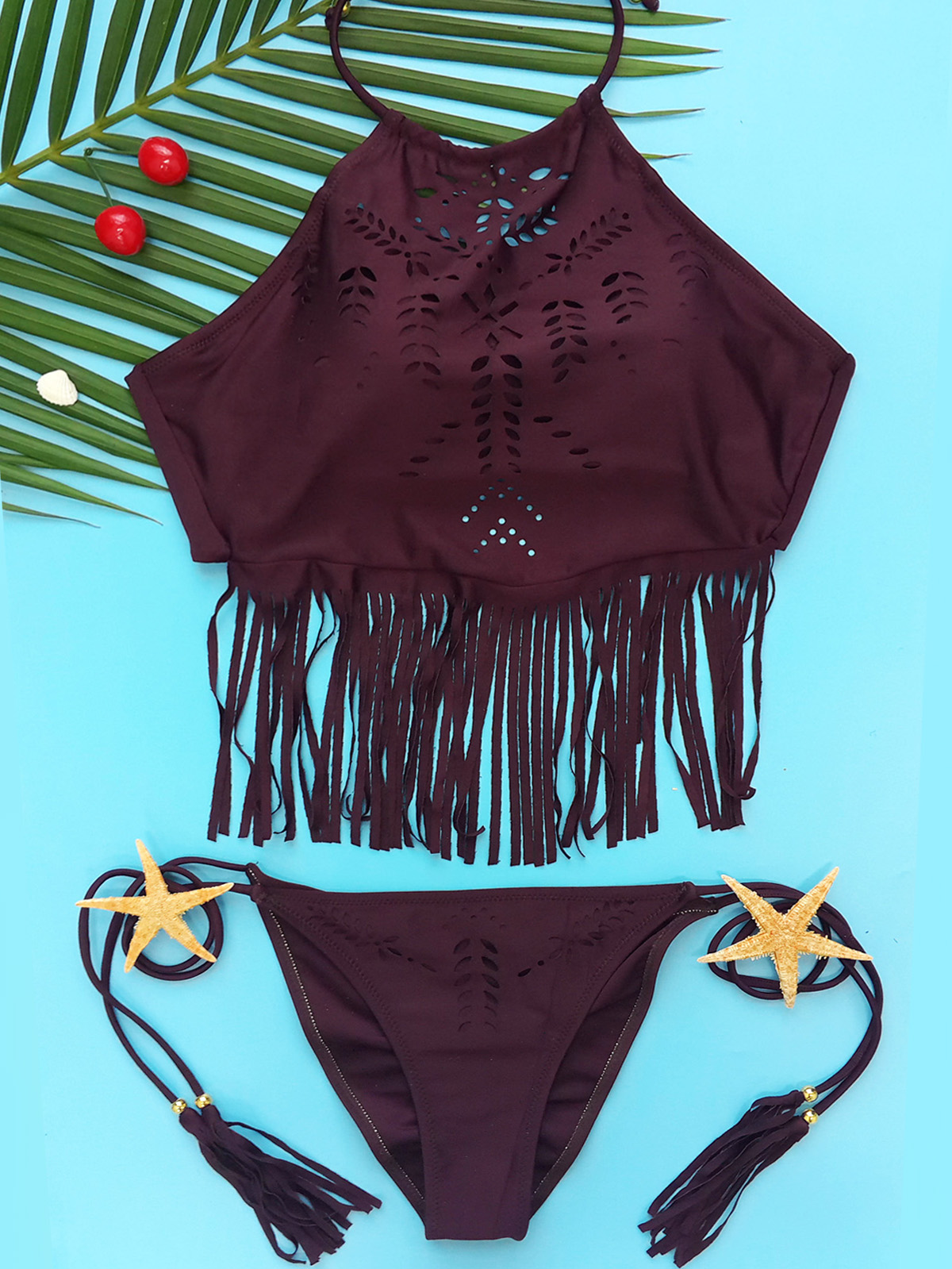 Дамски бански костюм с ресни в цвят бордо - Badu.bg