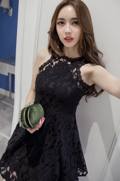 Дамска лятна черна дантелена къса вечерна рокля