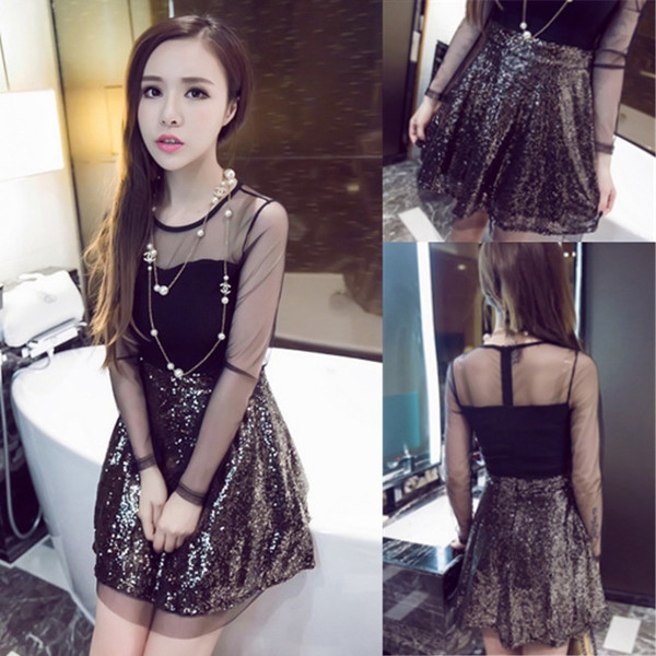 την άνοιξη και το καλοκαίρι κοντό φόρεμα Οι γυναίκες με μακριά μανίκια διαφανές μαύρο χρυσό