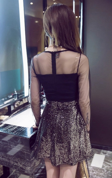 την άνοιξη και το καλοκαίρι κοντό φόρεμα Οι γυναίκες με μακριά μανίκια διαφανές μαύρο χρυσό