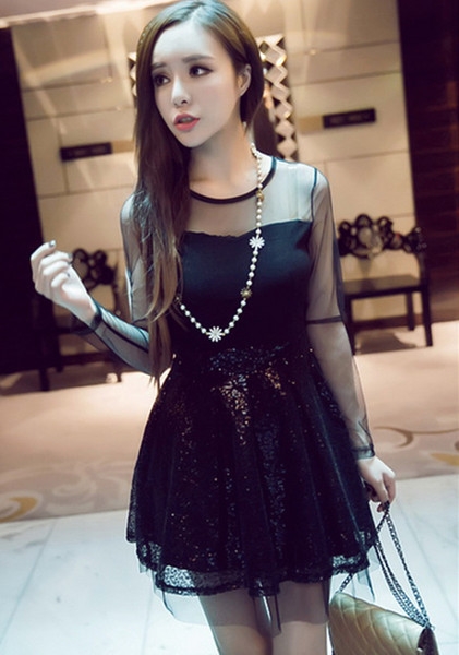 την άνοιξη και το καλοκαίρι κοντό φόρεμα Οι γυναίκες με μακριά μανίκια διαφανές μαύρο χρυσό