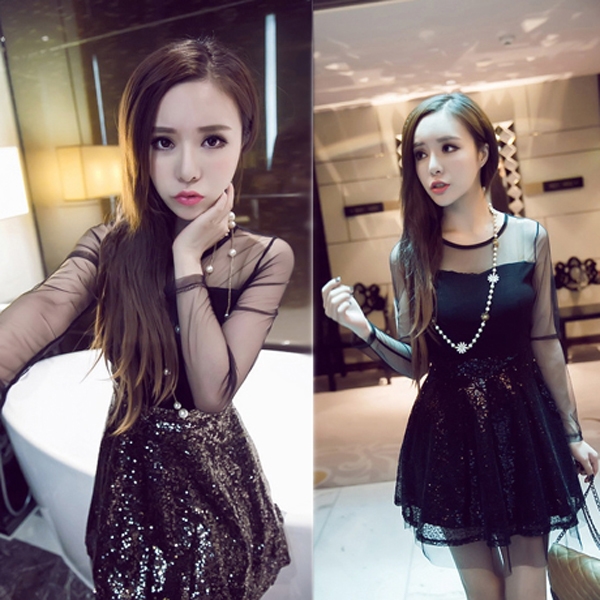 την άνοιξη και το καλοκαίρι κοντό φόρεμα Οι γυναίκες με μακριά μανίκια διαφανές μαύρο χρυσό