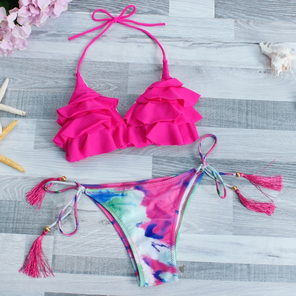 Γυναίκες κολύμβησης κίτρινο και ροζ με ρυθμιζόμενο πυθμένες