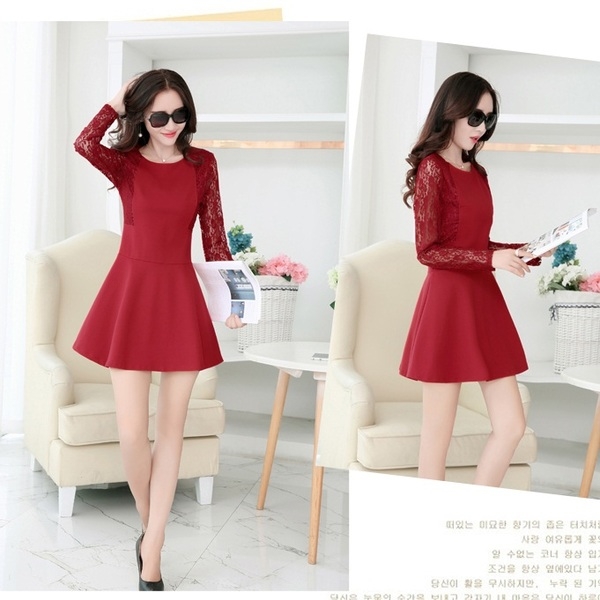 Дамски пролетни и къси летни рокли с дълги ръкави черни, червени, зелени