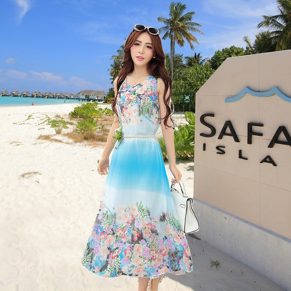 Πολύχρωμο κυρίες καλοκαίρι φορέματα με floral μοτίβα σε τέσσερις κορυφαίο μοντέλο με κυρίαρχα χρώματα: ροζ, κίτρινο, πορτοκαλί ή