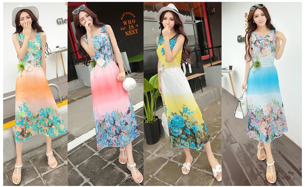 Πολύχρωμο κυρίες καλοκαίρι φορέματα με floral μοτίβα σε τέσσερις κορυφαίο μοντέλο με κυρίαρχα χρώματα: ροζ, κίτρινο, πορτοκαλί ή