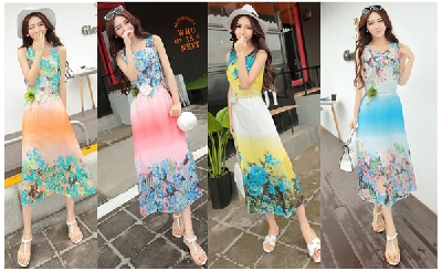 Цветни дамски летни рокли с флорални мотиви в четири топ модела с преобладаващи цветове: розов, жълт, оранжев или син