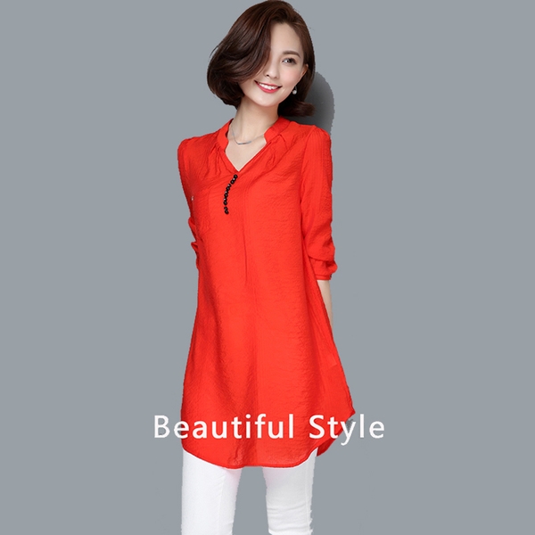 Κομψό πουκάμισο με 3/4 μανίκια και V-λαιμός - κόκκινο και μαύρο