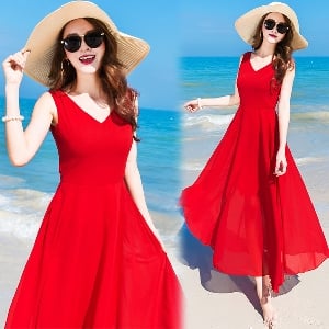 Κυρίες μακρύ κόκκινο φόρεμα μποέμ καλοκαίρι του 2017 με λαιμό V