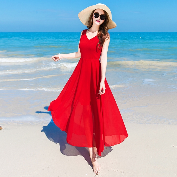 Κυρίες μακρύ κόκκινο φόρεμα μποέμ καλοκαίρι του 2017 με λαιμό V