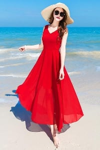 Дамска дълга бохемска  червена рокля лято 2017 с V образно деколте 
