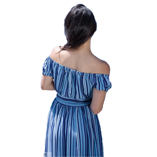 Κυρίες καλοκαιρινό φόρεμα με μπλε ρίγες μποέμ, κομψό και μακρύ