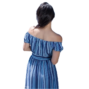 Дамска лятна рокля на сини райета бохемска, елегантна и дълга 