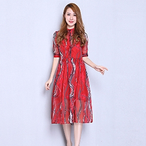 Дамска лятна елегантна копринена червена рокля с цветни мотиви дължина Medium и с къс ръкав