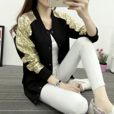 νέα άνοιξη-φθινόπωρο σακάκι ροζ Γυναικών και το μαύρο με λαμπερά παγιέτες μανίκια