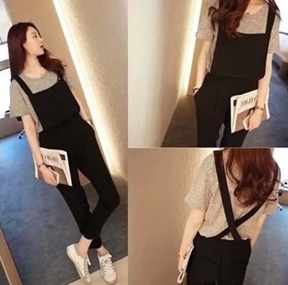 Дамски ежедневен памучен черен гащеризон с кръстоссани презрамки