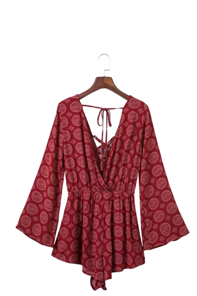 Οι γυναίκες κόκκινο καλοκαίρι jumpsuit μακρύ μανίκι με V-neck