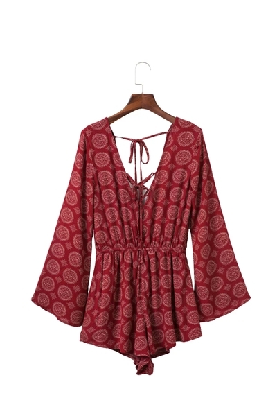 Οι γυναίκες κόκκινο καλοκαίρι jumpsuit μακρύ μανίκι με V-neck