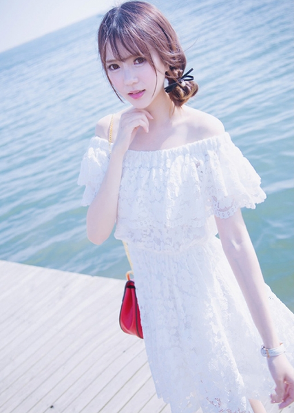 Κυρίες σύντομο καλοκαίρι δαντέλα λευκό φόρεμα