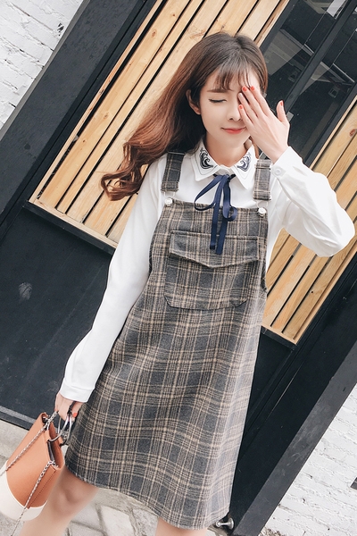 Κυρίες κομψό φόρεμα σε καρό χρώμα σε μπεζ, σκούρο μπλε, γκρι και πράσινο