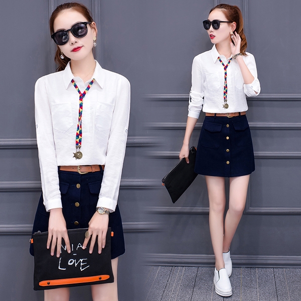 Κοστούμια γυναικεία 2 μέρη - μπλούζα σε λευκό και κίτρινο και τζιν φούστα