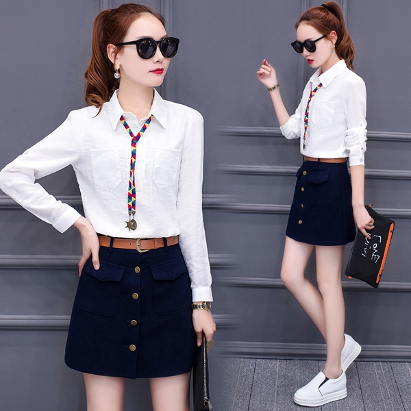 Κοστούμια γυναικεία 2 μέρη - μπλούζα σε λευκό και κίτρινο και τζιν φούστα