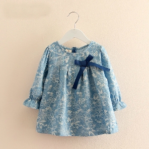 Детска деним рокличка пролетна, лятна, есенна с дълъг ръкав два модела в синьо