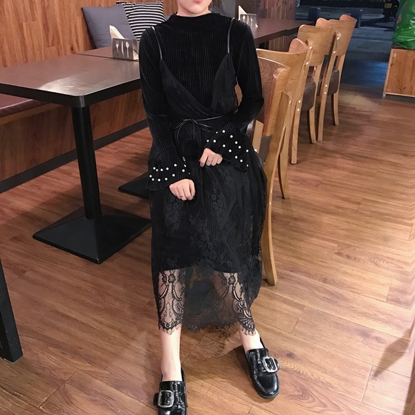 Κομψό κυρίες μακρύ φόρεμα από δαντέλα μακρύ μανίκι πράσινο, καφέ και μαύρο