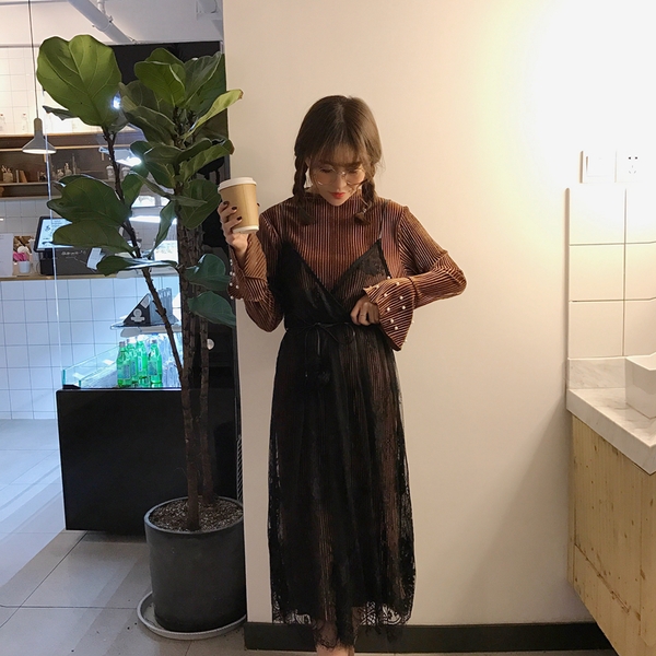 Κομψό κυρίες μακρύ φόρεμα από δαντέλα μακρύ μανίκι πράσινο, καφέ και μαύρο