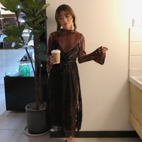 Κομψό κυρίες μακρύ φόρεμα από δαντέλα μακρύ μανίκι πράσινο, καφέ και μαύρο