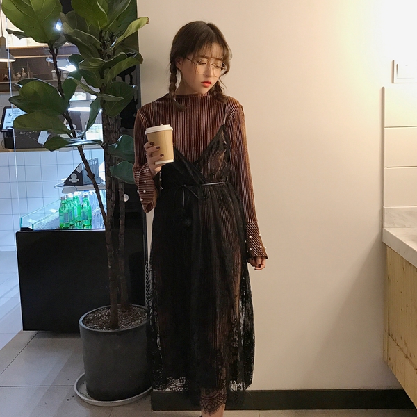 Κομψό κυρίες μακρύ φόρεμα από δαντέλα μακρύ μανίκι πράσινο, καφέ και μαύρο