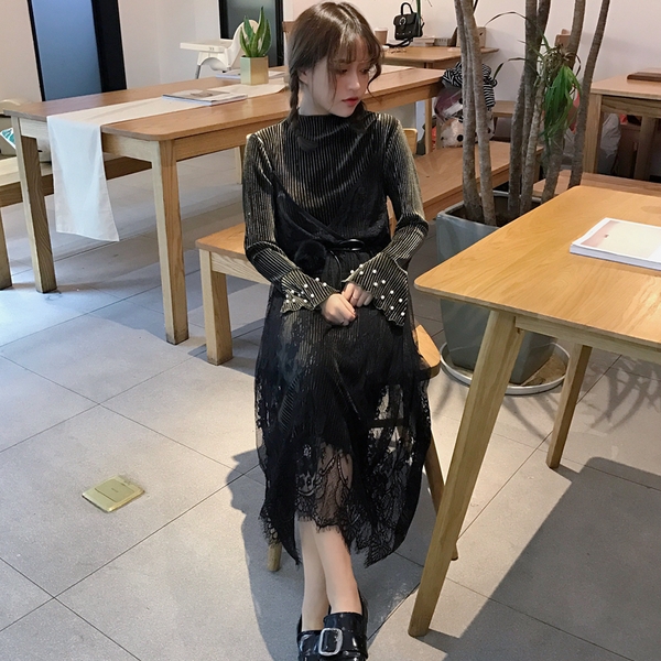 Κομψό κυρίες μακρύ φόρεμα από δαντέλα μακρύ μανίκι πράσινο, καφέ και μαύρο