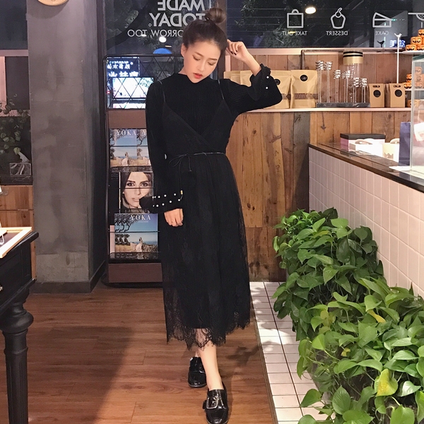 Κομψό κυρίες μακρύ φόρεμα από δαντέλα μακρύ μανίκι πράσινο, καφέ και μαύρο